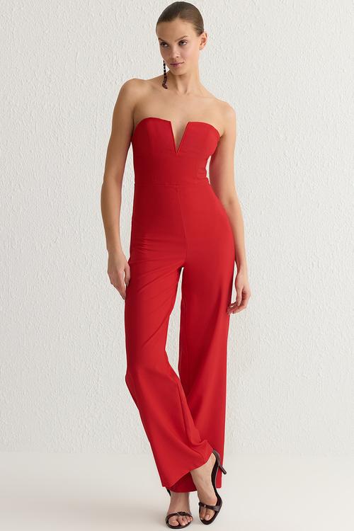 V neck strapless woven jumpsuit  - red