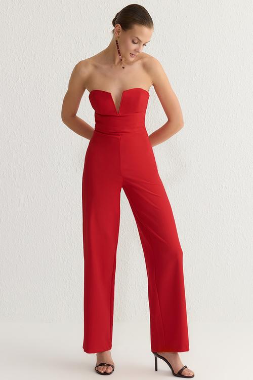 V neck strapless woven jumpsuit  - red