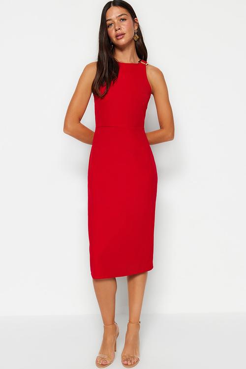 Fitted midi pencil skirt woven dress with accessory detail on the collar  - red