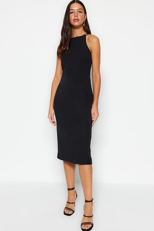 Fitted midi pencil skirt woven dress with accessory detail on the collar  - black