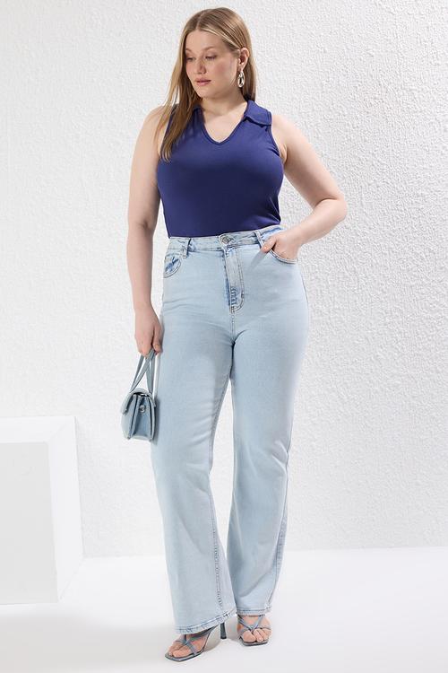 Plus size high waist comfort flare fit jeans  - light blue