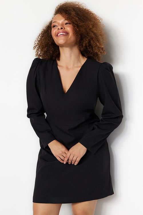 Plus size v neck balloon sleeve mini/short length woven dress  - black