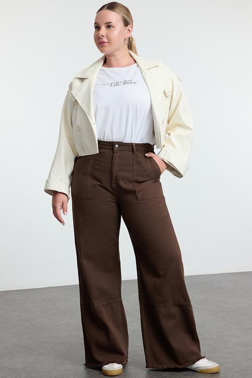 Plus size high waist wide leg plus size wide leg jeans - brown