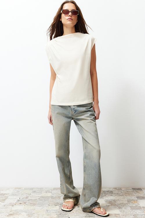 Boat neck drapey knitted t-shirt  - stone