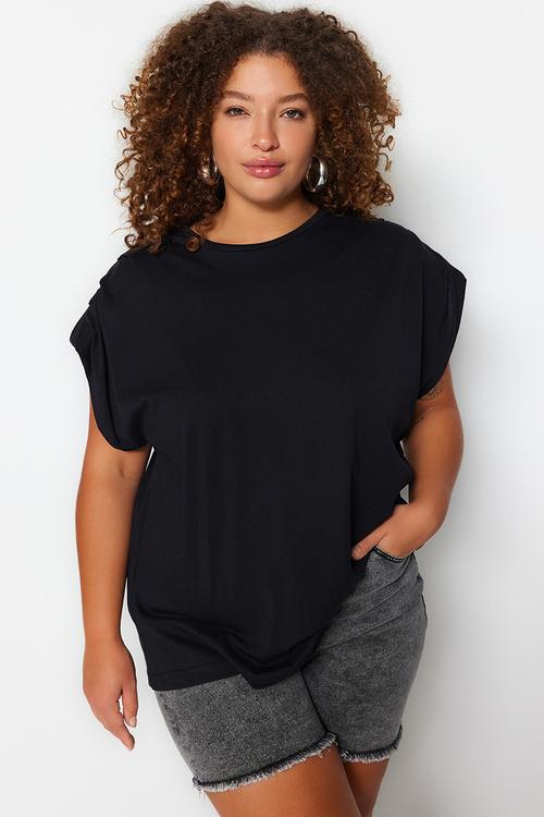 Plus size crew neck basic 100% cotton knitted plus size blouse  - black