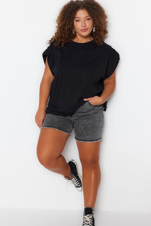 Plus size crew neck basic 100% cotton knitted plus size blouse  - black