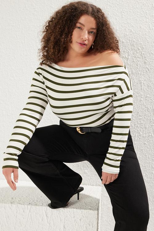 Plus size striped premium soft fabric fitted boat neck/madonna collar flexible knitted blouse  - white-green