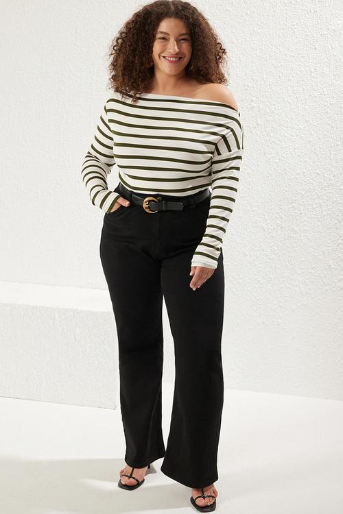 Plus size striped premium soft fabric fitted boat neck/madonna collar flexible knitted blouse  - white-green