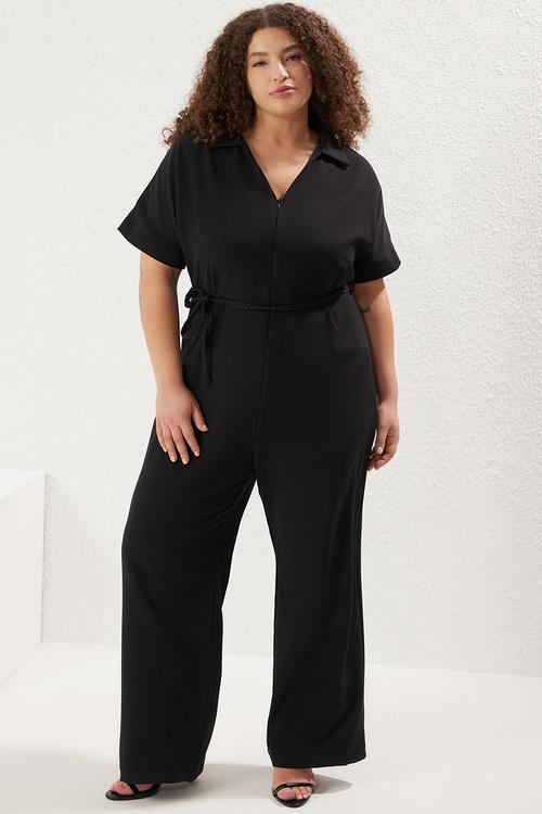 Plus size knit belted polo collar zippered woven plus size jumpsuit  - black