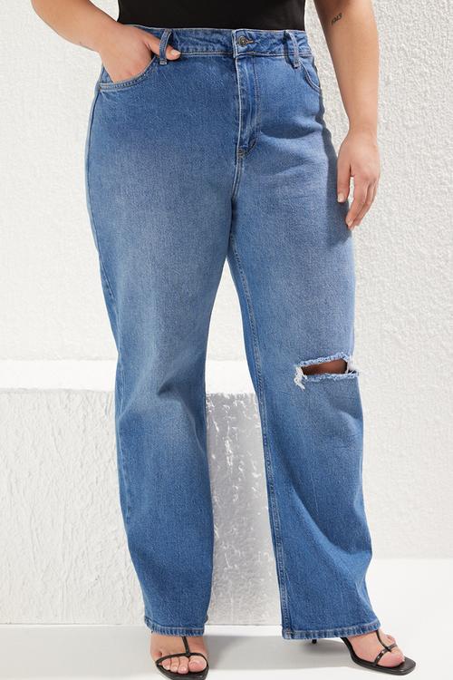 Plus size blue high waist destroyed comfort straight fit plus size jeans  - light blue