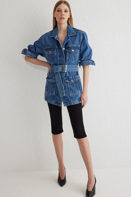 Belted pocket detailed denim jacket  - blue