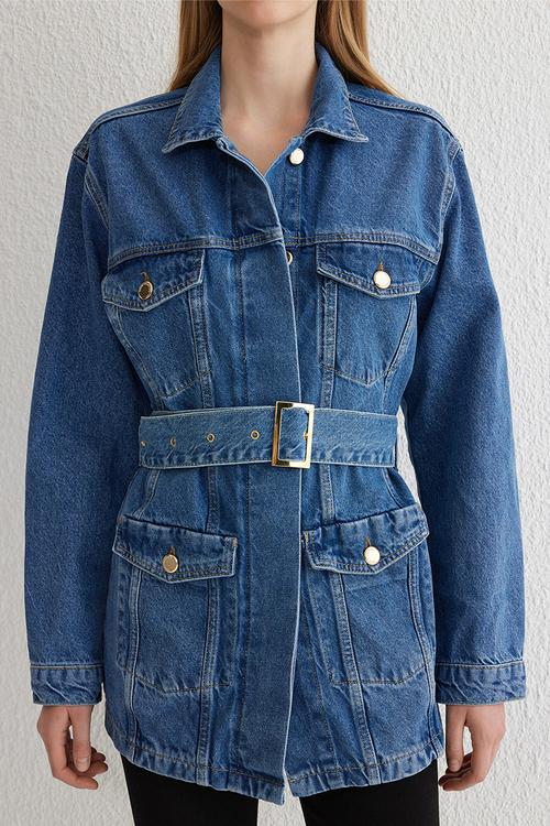 Belted pocket detailed denim jacket  - blue
