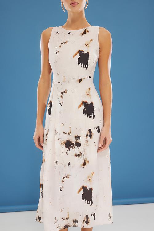 White Animal Patterned A-Line Midi Matte Satin Woven Dress