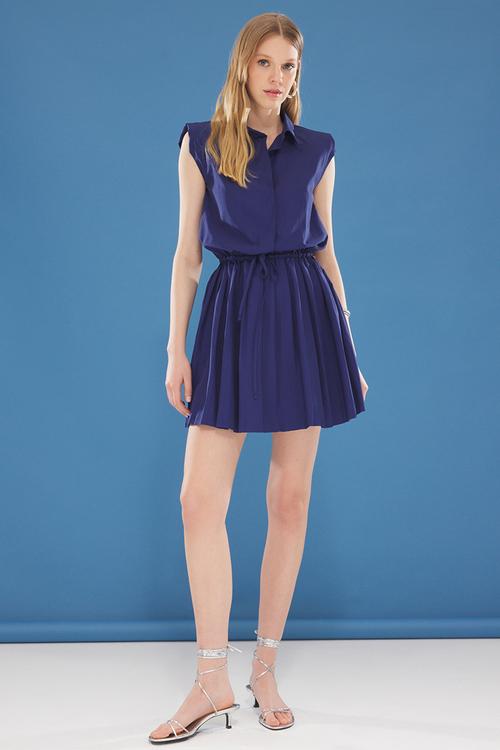 Pleated Skirt Shirt Collar Mini Woven Dress - Navy blue