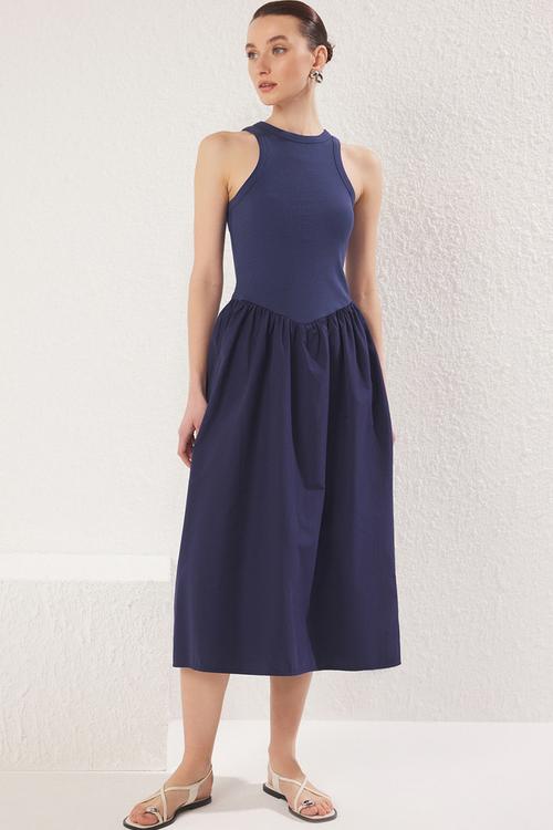 Poplin Ribbed Halter Neck Skater Open Maxi Knit Dress - Navy