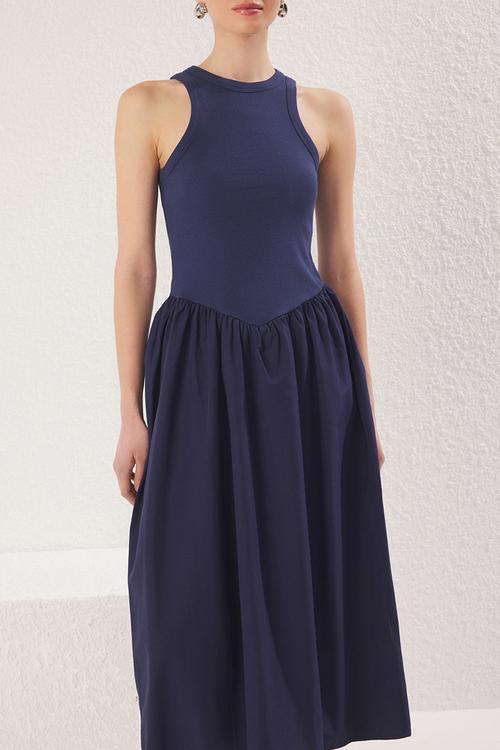 Poplin Ribbed Halter Neck Skater Open Maxi Knit Dress - Navy