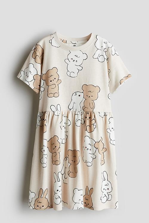 Patterned cotton jersey dress - beige teddy bears