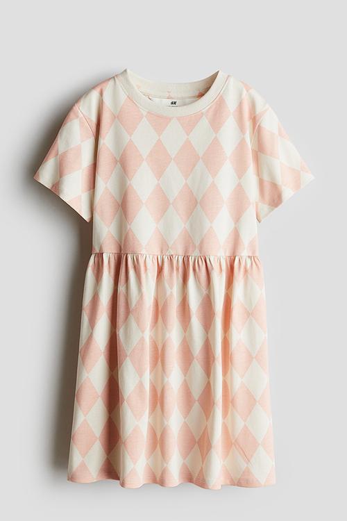 Patterned cotton jersey dress - peach harlequin-patterned