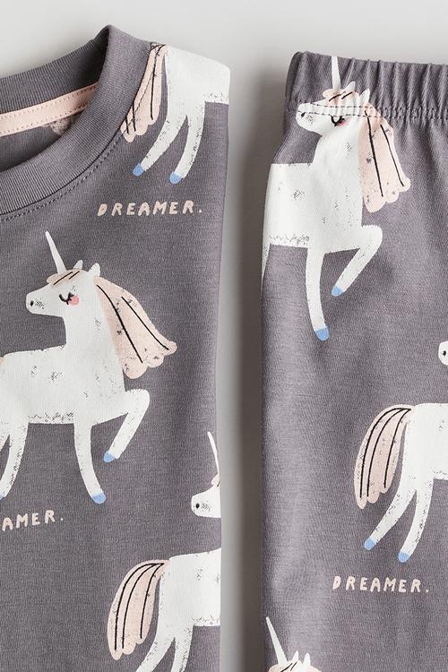 Printed cotton pyjamas - dark grey unicorns