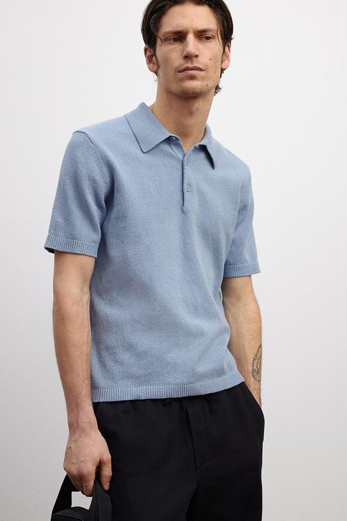 Regular fit fine-knit polo shirt - light blue