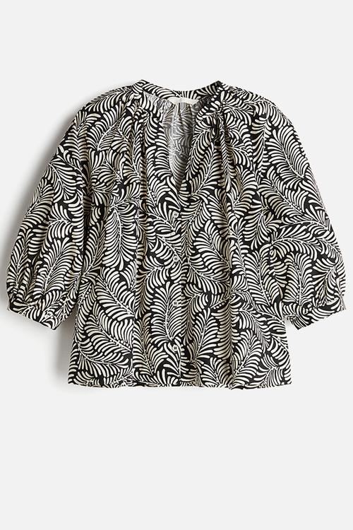 Balloon-sleeved poplin blouse - black patterned
