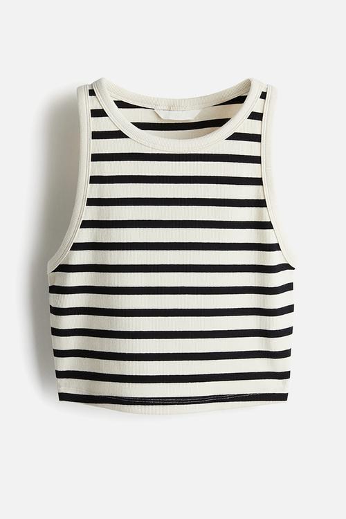 Cropped ribbed vest top - cream & black striped 
