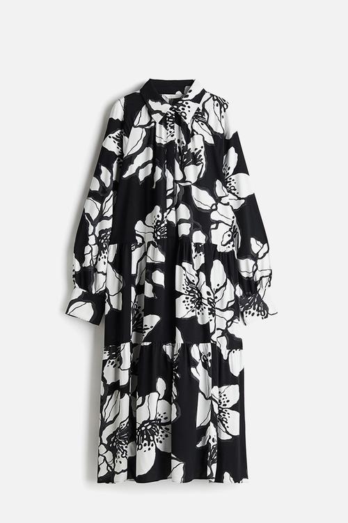 Viscose shirt dress - black & white floral 