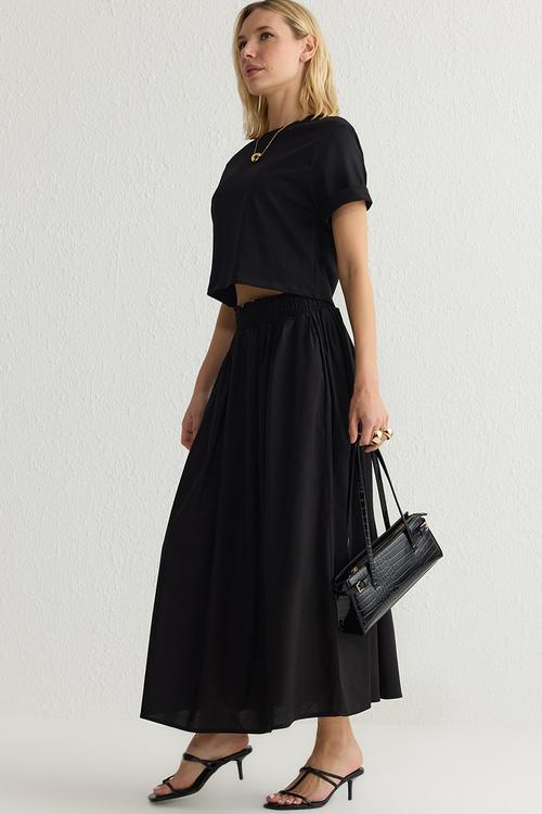 Flared midi elastic waist woven skirt  - black