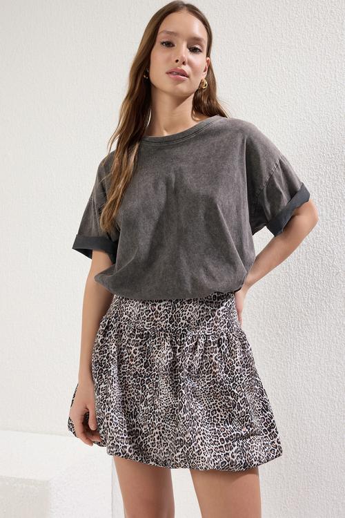 Animal leopard pattern balloon detail mini woven skirt  - multi