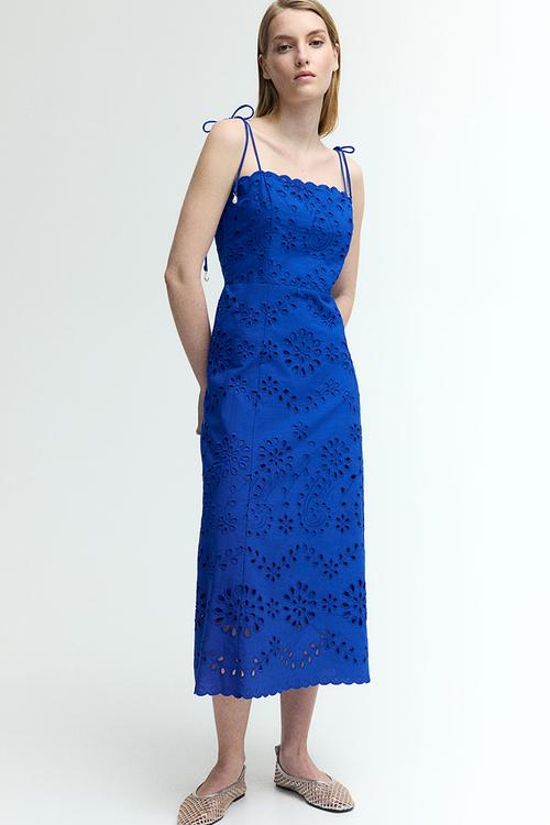 Tie-strap broderie anglaise dress - bright blue