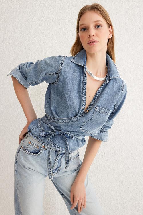 Blue Double Breasted Tie Detail Cropped Denim Shirt