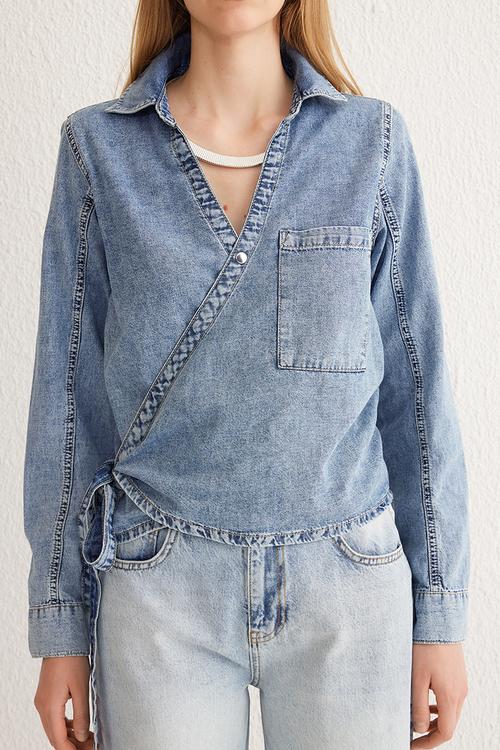 Blue Double Breasted Tie Detail Cropped Denim Shirt