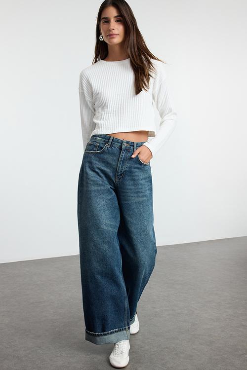 Blue folded leg regular waist skater baggy jeans  - dark blue