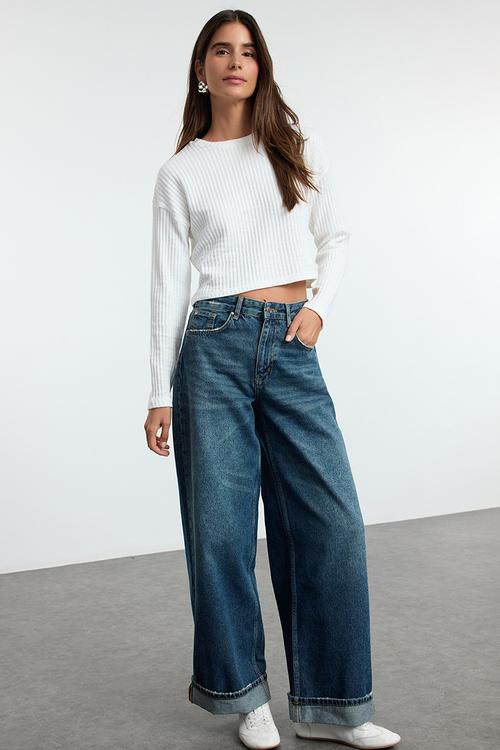 Blue folded leg regular waist skater baggy jeans  - dark blue