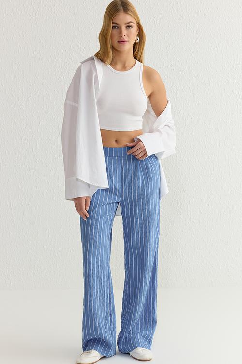 Striped crinkle regular waist wide leg woven trousers  - blue