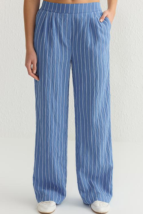 Striped crinkle regular waist wide leg woven trousers  - blue