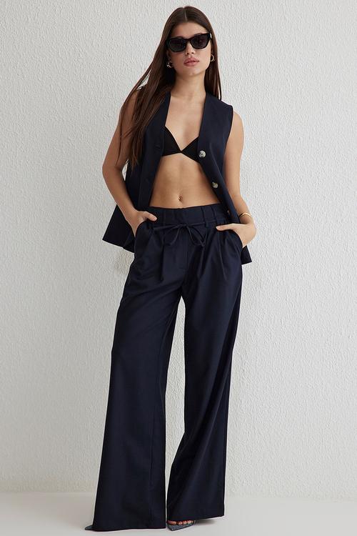 Blue belted wide leg woven trousers  - navy blue