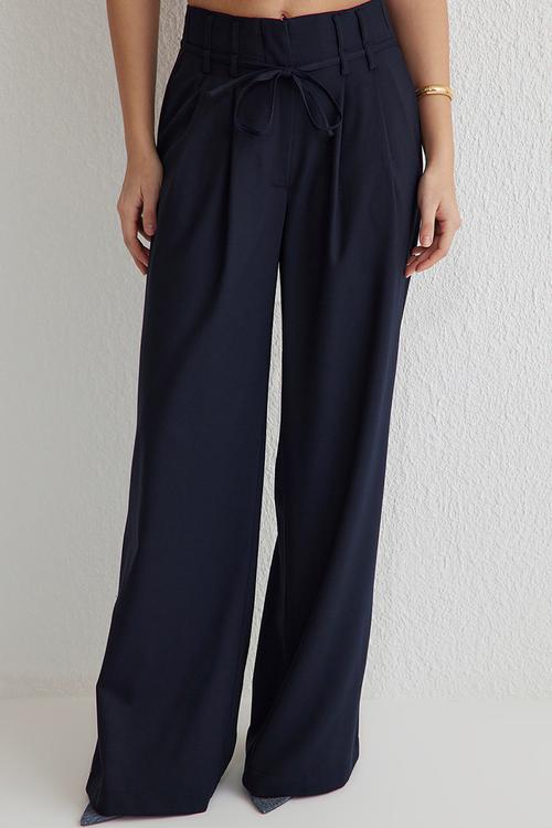 Blue belted wide leg woven trousers  - navy blue