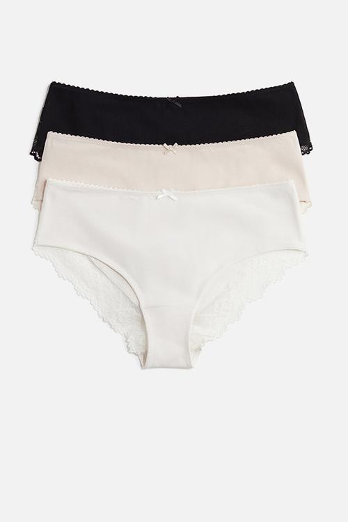 3-pack cotton and lace hipster briefs -  white & light beige