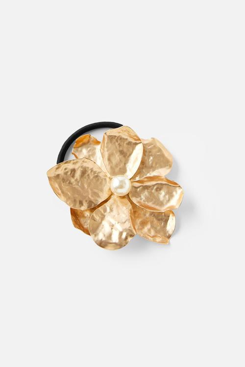 Chunky metal hair tie- pearl/gold flower