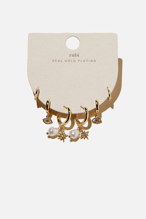 3pk mid earring gold plated pearl eye celestial - gold