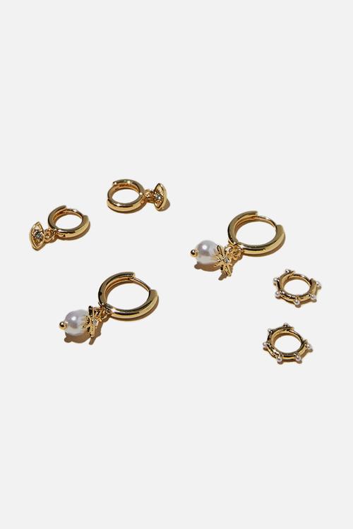 3pk mid earring gold plated pearl eye celestial - gold