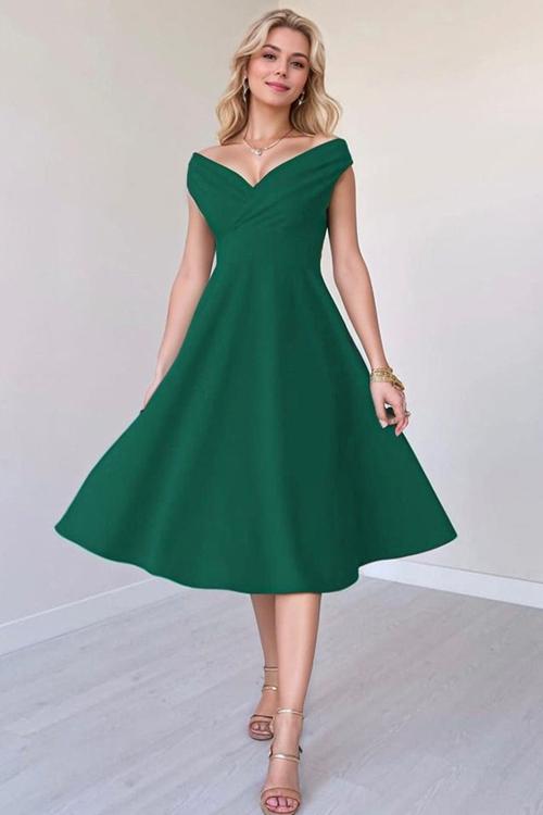 A-Line Woven Midi Evening Prom Dress - Emerald
