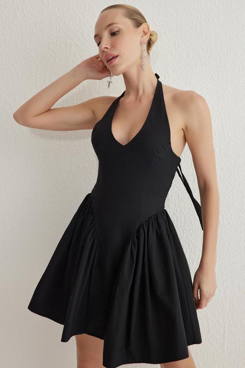 A-Line Poplin Woven Short Evening Prom Dress - Black