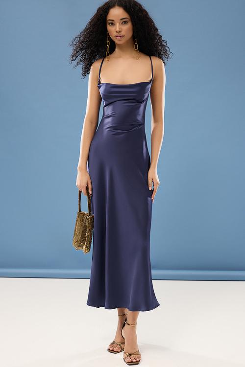 Scarf Detailed Strapless Neckline Satin Dress - Plum