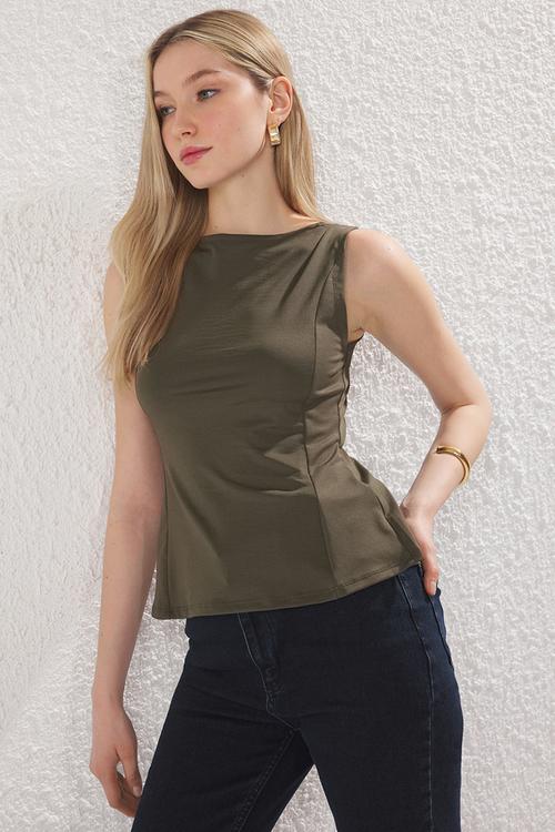 Peplum Body Fitted Knitted Top - Khaki