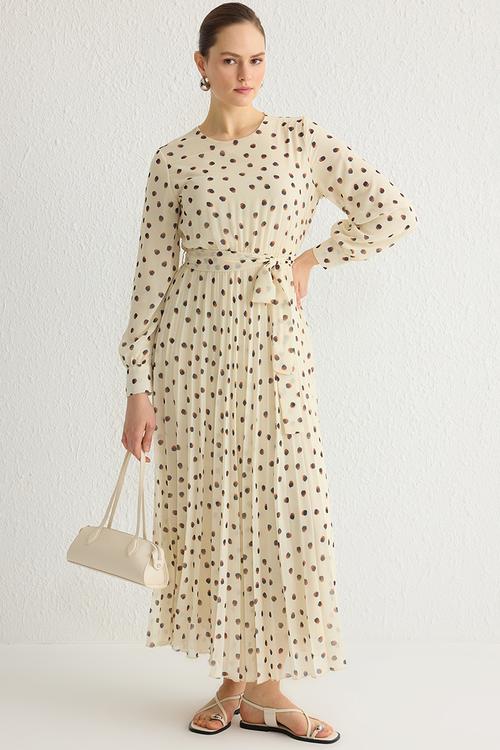 Ecru Polka Dot Belt Detailed Lined Pleated Chiffon Woven Dress