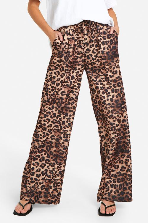 Leopard wide leg tie waist trouser - brown