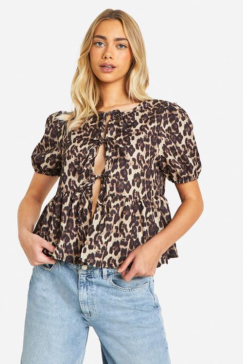Leopard puff sleeve bow tie blouse - brown