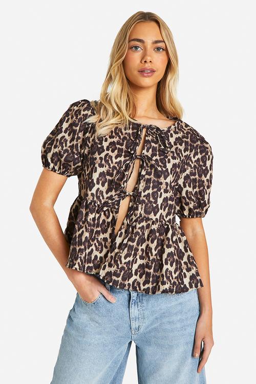 Leopard puff sleeve bow tie blouse - brown